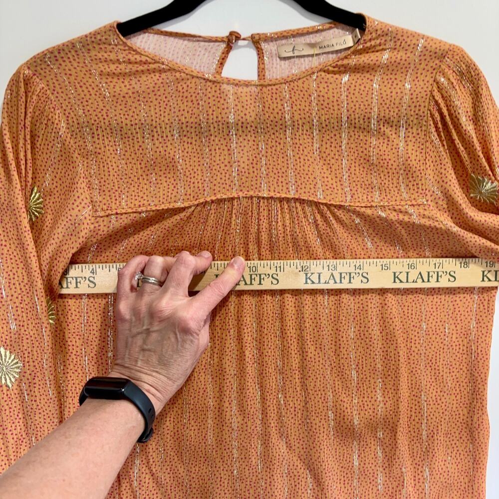 Maria Filo Brazil Peasant Blouse Metallic Thread Sheer Boho Gold Orange Womens M - Picture 8 of 9